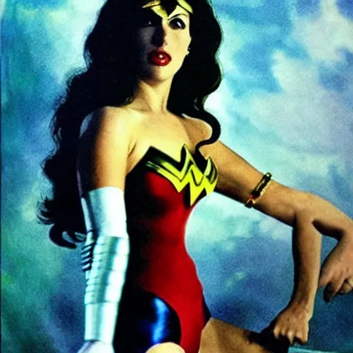 Image similar to Buxom Lady Gaga as Wonder woman, by Salvador Dali.