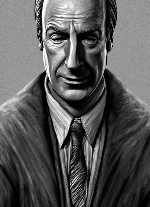 Prompt: portrait of bob odenkirk as saul goodman in cement, dramatic rendering, fantasy, medieval wear, intricate, elegant, highly detailed, artstation, concept art, smooth, sharp focus, sculpture!!