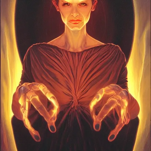 Image similar to portrait of a woman who can produce glowing plasma from her hands, by gerald brom.