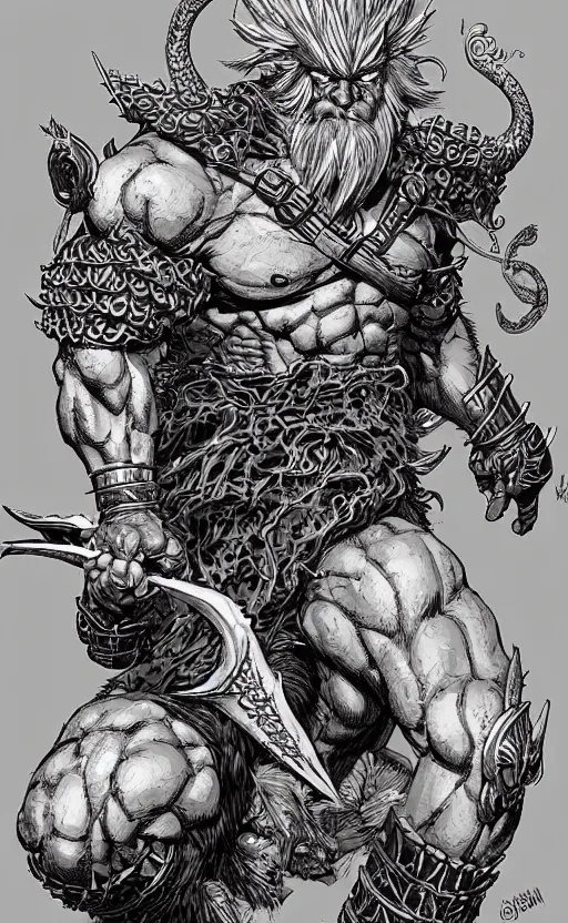 Prompt: fantasy dragonman barbarian, intricate, beautiful, highly detailed, elegant, artstation, concept art, smooth and sharp focus, illustration, by frank quietly, geoff darrow, jim lee