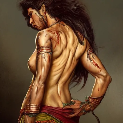 Prompt: portrait painting of a muscular bloodied indian middle aged woman lower back, ultra realistic, concept art, intricate details, eerie, highly detailed, photorealistic, octane render, 8 k, unreal engine. art by artgerm and greg rutkowski and alphonse mucha