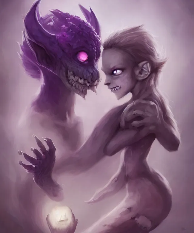 Prompt: cute friendly demon with purple skin meets cute friendly goblin by charlie bowater and titian and artgerm, intricate, face, cavern, elegant, beige mist, beautiful, large grey symmetrical eyes, highly detailed, dramatic lighting, sharp focus, trending on artstation, artstationhd, artstationhq, unreal engine, 4 k, 8 k