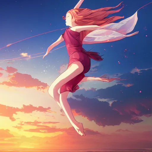 Image similar to A child dancing on water, beautiful flowing fabric, sunset, dramatic angle, realistic and detailed, by studio trigger, pixiv dslr photo by Makoto Shinkai rossdraws and Wojtek Fus