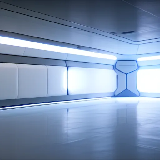 Image similar to a white room 1 2 ft long x 1 0 ft wide x 8 ft tall, geometrically perfect, clean and empty, sci fi spaceship futuristic paneling unreal engine, general studio lighting, 8 k,