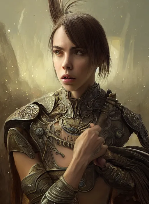 Image similar to a professional portrait of a beautiful young female, clothed in ethereal battle armor, olive skin, long dark hair, beautiful bone structure, symmetrical facial features, intricate, elegant, digital painting, concept art, smooth, sharp focus, finely detailed, illustration, from Valerian and the City of a Thousand Planets, in the style of Ruan Jia and Mandy Jurgens and Artgerm and Greg Rutkowski and William-Adolphe Bouguerea