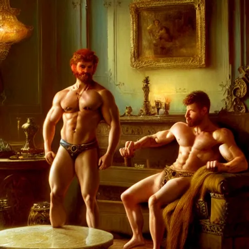 Prompt: attractive muscular mike with ginger hair with attractive tyler with brunet hair, drinking their hearts out, in their noble mansion. very defined to the maximum and highly detailed painting by gaston bussiere, craig mullins 8 k