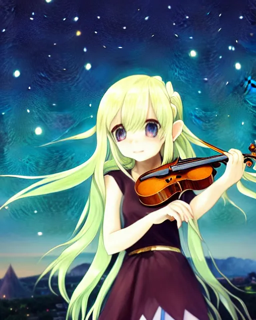 Image similar to chibi, cute, big eyes, full body, elf girl with white skin and golden long wavy hair, holding a violin and playing a song, stunning art style, filters applied, lunar time, night sky, trending art, sharp focus, centered, landscape shot, fate zero, simple background, studio ghibly makoto shinkai yuji yamaguchi, by wlop