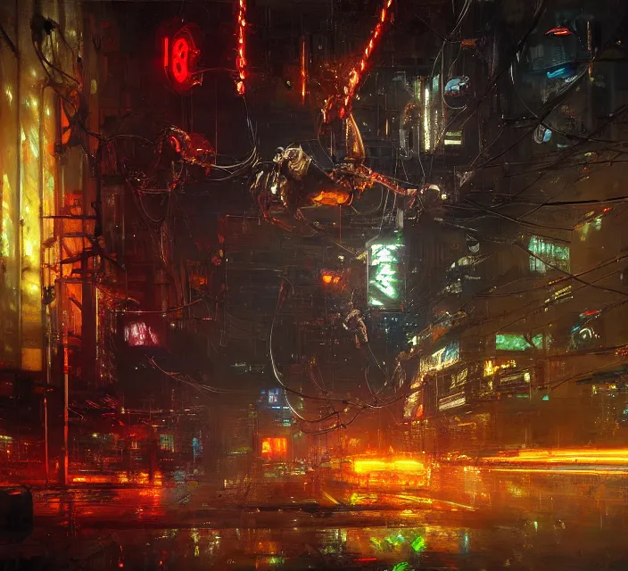 Prompt: robot cyborg bear, many wires and neon lights exposed, metal and glowing eyes, cyberpunk, highly detailed painting by jeremy mann and cd projekt red