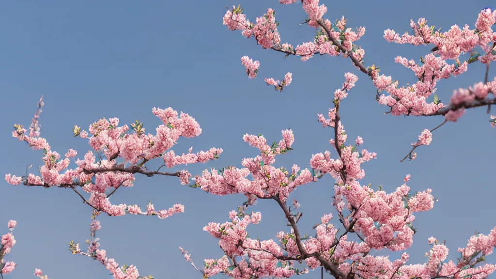 Image similar to Peach blossoms bloom along the Shanghai skyline, The soft pinks and greens of the flowers are offset by the blue of the sky and the gray of the cityscape. HD, Octane render 8K, 200mm, f1.8, wide angle,