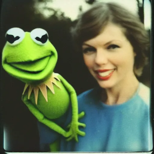 Image similar to found polaroid of my parents who look exactly like Taylor Swift and Kermit the frog