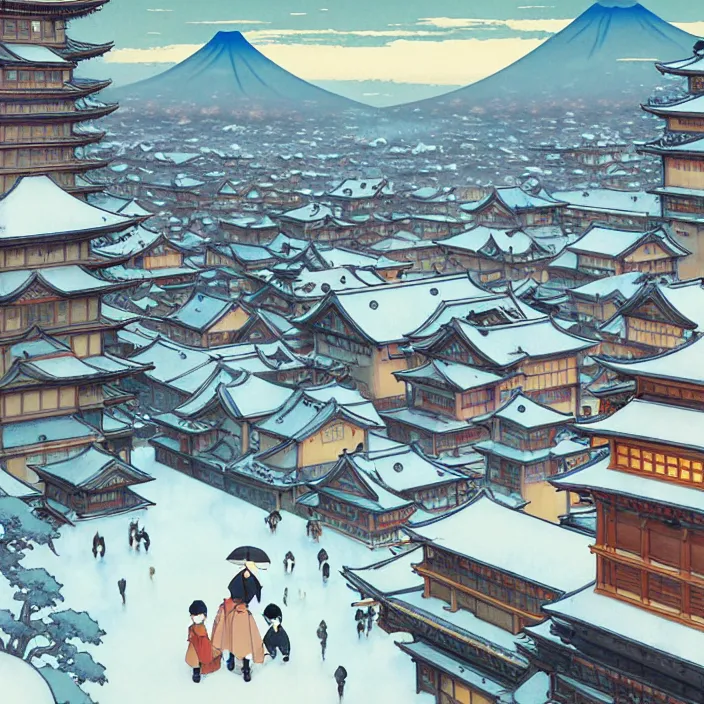 Image similar to japanese city, winter, in the style of studio ghibli, j. c. leyendecker, greg rutkowski, artem