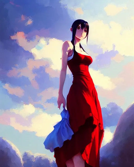 Prompt: elegant tifa lockhart in a red cottagecore dress, portrait, illustration, rim light, top light, clear blue sky, winter, perfectly shaded, soft painting, art by krenz cushart and wenjun lin