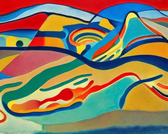 Image similar to A wild, insane, modernist landscape painting. Wild energy patterns rippling in all directions. Curves, organic, zig-zags. Saturated color. Mountains. Clouds. Rushing water. Wayne Thiebaud. Kandinsky.