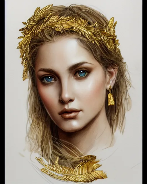 Image similar to front view of beautiful aphrodite greek goddess wearing a gold laurel wreath and triangle earrings, realism tattoo sketch, beautiful piercing eyes with sharp pupils, beautiful blonde hair, in the style of greg rutkowski, fantasy, amazing detail, epic, elegant, smooth, sharp focus