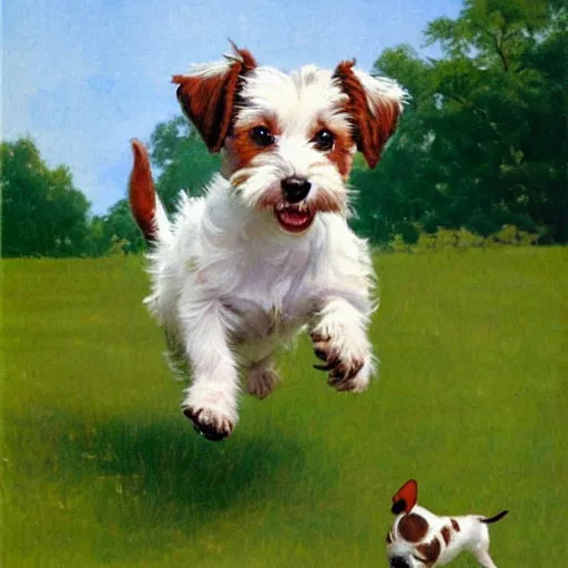 Prompt: a high quality painting of a very cute scruffy wire haired jack russell terrier puppy, white with chocolate brown spots, brown patches over both eyes. he is running through a field. painting by norman rockwell