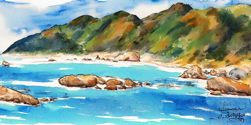 Prompt: golden bay new zealand, abel tasman, colorful watercolor painting, trending on artstation