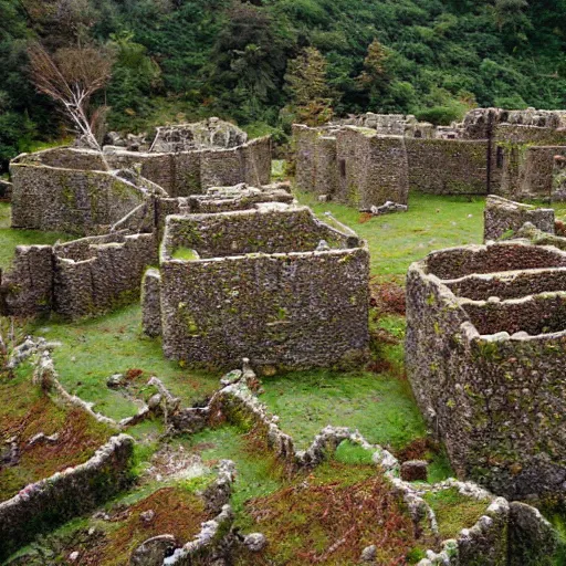 Image similar to the ruins of a giant village made out of stone, overgrown by red moss