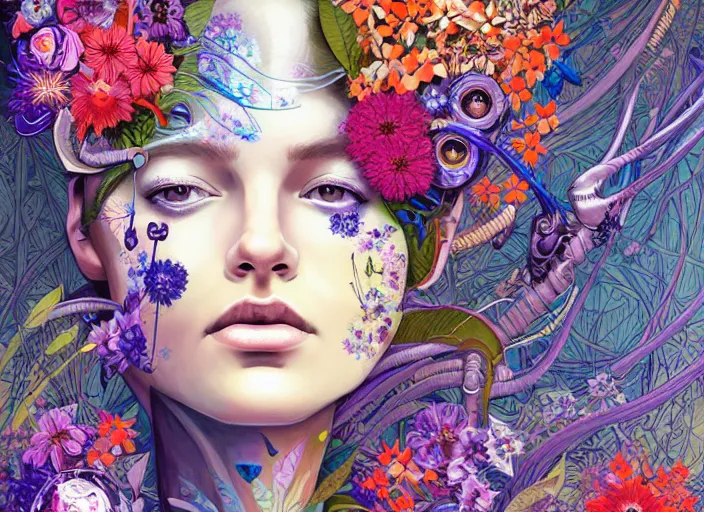 Image similar to a painting of a beautiful cyborg girl with a lot of flowers and blueberries and exotic plants on its head, poster art by android jones, behance contest winner, generative line art, made of flowers, grotesque, concert poster