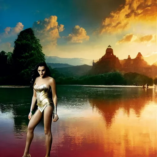 Prompt: Photo the beautiful woman Gal Gadot, she is posing, she is walking on a river, she is getting ulluminated by the rays of the sunset, the photo was taking by Steve McCurry, matte painting, oil painting, naturalism, 4k, 8k