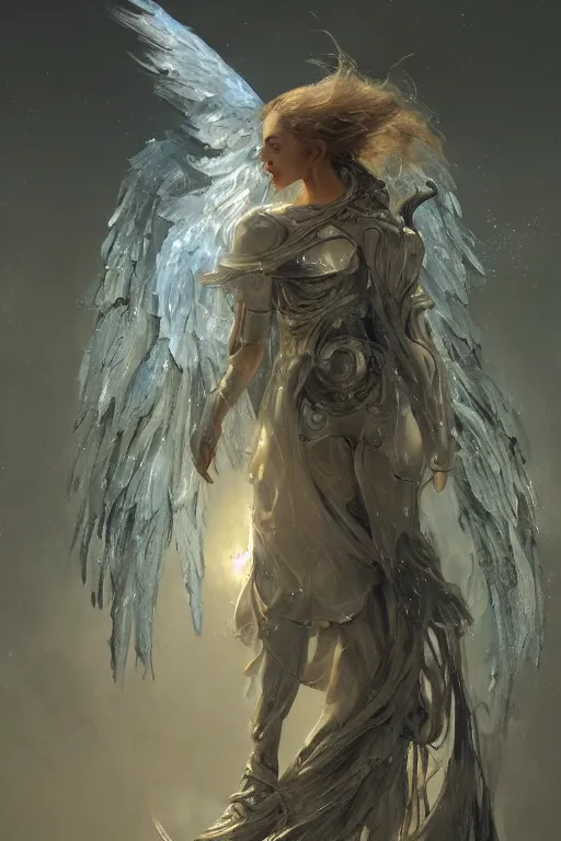 Image similar to angel of artificial intelligence by jean - baptiste monge, high quality, high resolution, 4 k, painted by cgsociety, rutkowski, gurney with ambient lighting, concept art, detailed, dramatic contrast, dynamic volumetric cinematic lighting, octane, raytrace