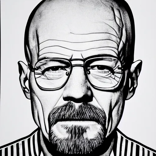 Image similar to a portrait of Walter White, made by Andy Warhol, two tone, very high contrast, only black and white, simplistic, extremely high contrast, two tone, notan art, by Andy Warhol, minimalistic,