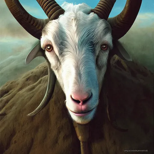 Image similar to vladimir putin, anthropomorphic goat with putin face, hybrid, macabre, horror, by donato giancola and greg rutkowski and wayne barlow and zdzisław beksinski, digital art