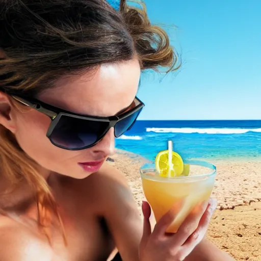 Prompt: a human with a donkey head is wearing cool sunglasses and holding a coctail at the beach, 8k, hyper-detailed, photorealistic