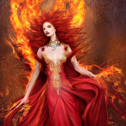 Prompt: Redhead Fire Priestess, wild hair, in a beautiful flowing red dress surrounded by flames, clothes, intricate hellish decoration on the dress, on the background of an ancient cathedral, Designer clothes, vouge photo, fashion style, fullbody, in full growth, intricate, elegant, highly detailed, artstation, concept art, smooth, sharp focus, illustration, art by greg rutkowski and orientalism and bouguereau and Zdzislaw Beksinski, good clear quality, lighting, biology, symmetrical artwork, perfect face, 135 mm, cinematic, hyper realism, high detail, octane render, 8k, chrome accents