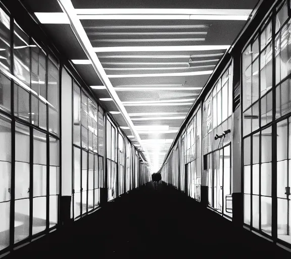 Image similar to spooky photo of an infinite hallway with open lit doorways all the way down, dramatic lighting, smoke, ceiling fluorescent lighting