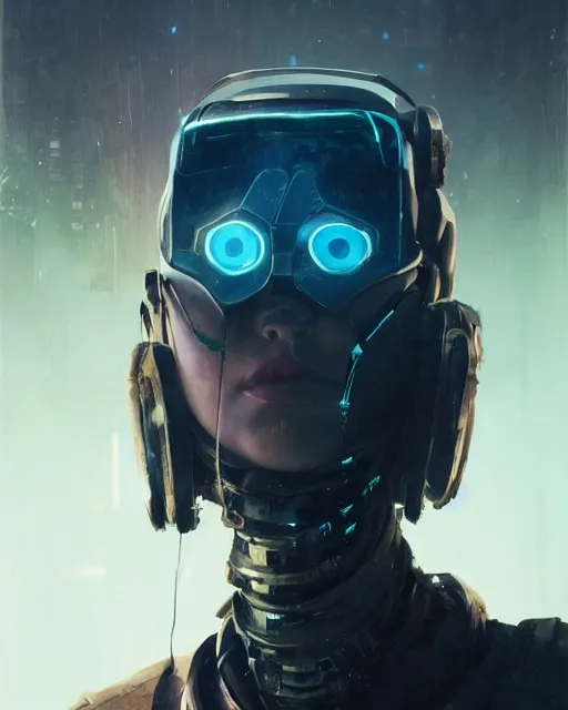 Image similar to maya hawke as cyberpunk armored gunman, scifi character portrait by greg rutkowski, esuthio, craig mullins, 1 / 4 headshot, cinematic lighting, dystopian scifi gear, gloomy, profile picture, mechanical, half robot, implants, steampunk