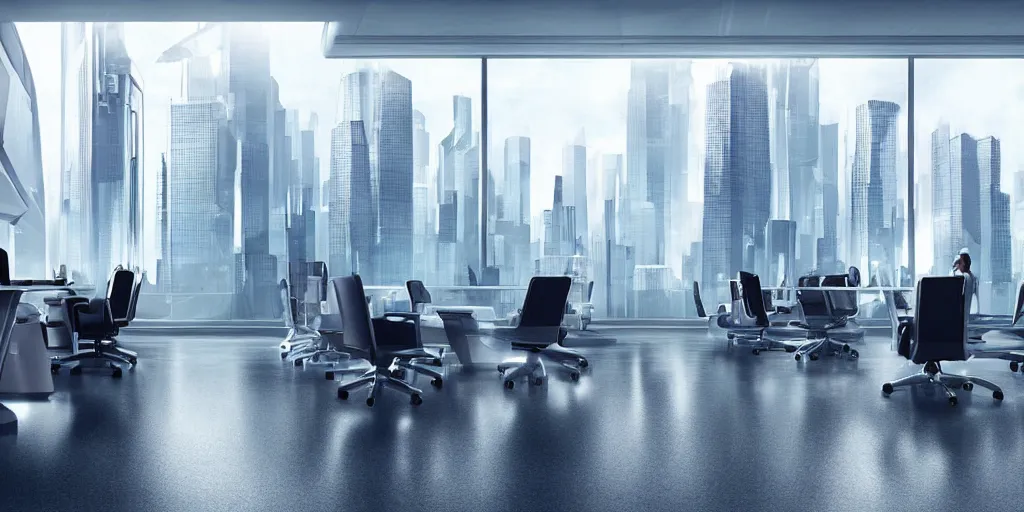 Image similar to an sci - fi futuristic ceo office with levitating chairs, windows of a futuristic city in the background hyper - realistic digital art