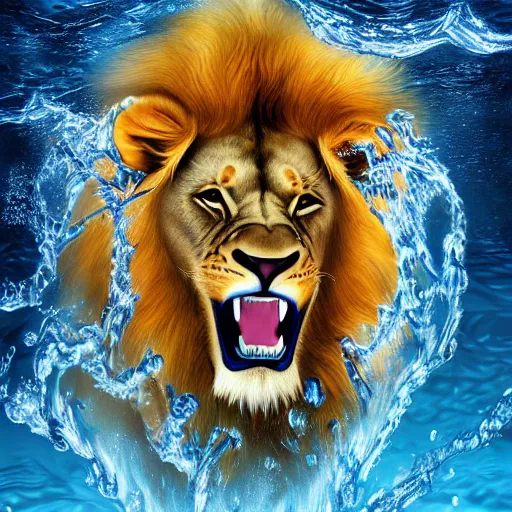 Image similar to a male lion's face breaching through a wall of water, headshot, water sprites, splashing, deep blue ocean, highly detailed, realistic digital art, trending on artstation