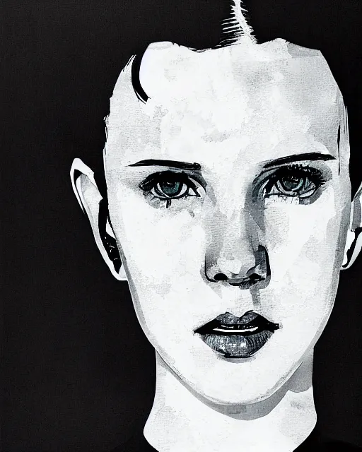 Image similar to portrait of millie bobby brown by yoji shinkawa, black and white