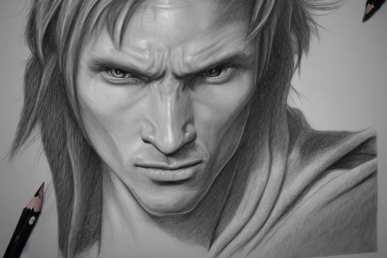 Image similar to a hyperrealistic pencil drawing of a D&D character by Pen Tecula