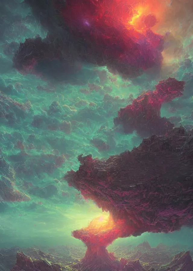 Image similar to an ultra detailed midjourney concept digital art painting of a flying island castle city, towers levitating across space in an iridescent nebula by paul lehr kazumasa uchio situated in a starry expanse of bioluminescent cosmic worlds by beksinski and beeple, ecological art, sharp details, floating citadel with towers, trending on artstation