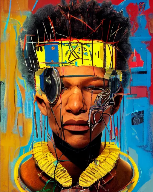 Prompt: a cyberpunk portrait of a gladiator by jean - michel basquiat, by hayao miyazaki by artgerm, highly detailed, sacred geometry, mathematics, snake, geometry, cyberpunk, vibrant, water