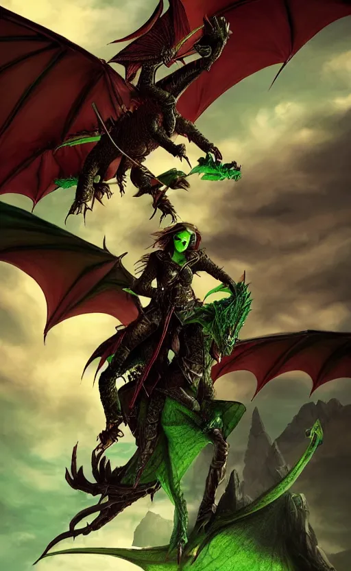 Prompt: epic fantasy dungeons and dragons scene, female halfling rogue, dragonrider, flying on top of a green dragon, green dragon, waterdeep, black hair, rogue, fantasy, red leather corset, cinematic, beautiful lighting, heroic, digital art, sky, mountain