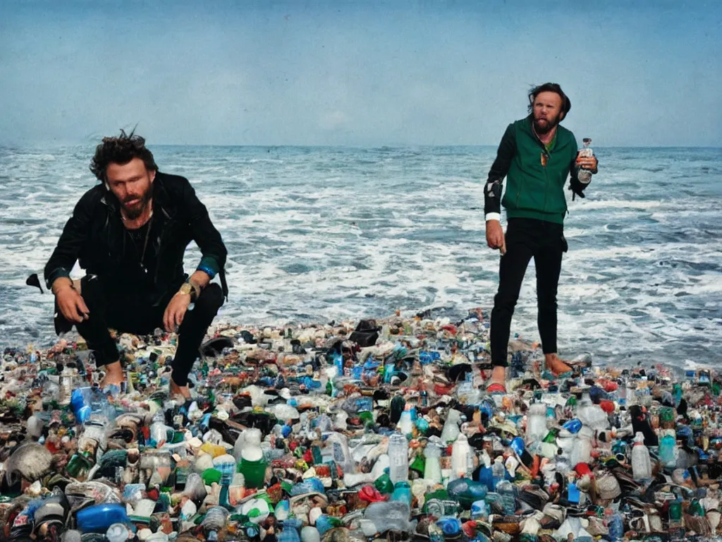 Image similar to lorenzo cherubini jovanotti alone crying surrounded by plastic bottles and garbage on a beach, polaroid color photo, ultra realistic