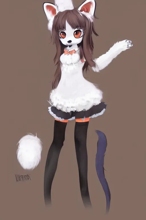 Image similar to a fox fursona with a big fluffy tail!!! wearing a maid outfit, highly detailed, digital art, trending on artstation, furry art!!!