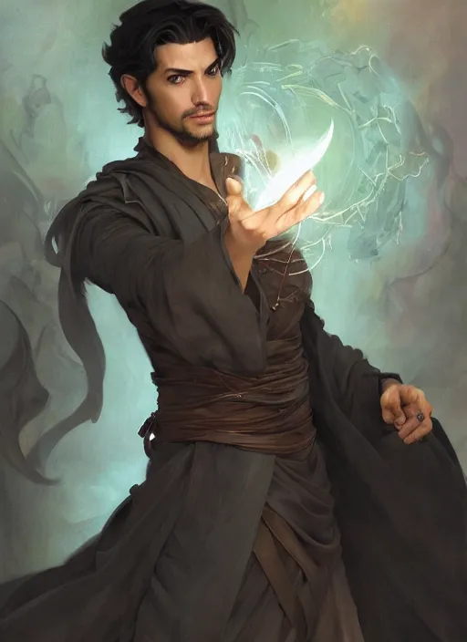 Image similar to character concept portrait of an attractive young Spanish wizard with tan skin conjuring a destruction spell, a floating iridescent spell book in the center, intricate, elegant, digital painting, concept art, smooth, sharp focus, illustration, from Metal Gear, by Ruan Jia and Mandy Jurgens and William-Adolphe Bouguereau, Artgerm