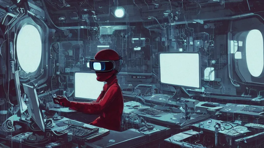 Prompt: happy hacker at a computer in a vr mask in a scifi movie, retrofuturism, by jamie hewlett, nuri iyem, james gurney, james jean, greg rutkowski, anato finnstark. pixar. hyper detailed, 5 0 mm, perfect faces