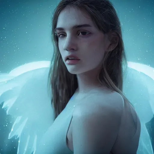 Image similar to portrait art of female angel by alessio albi 8 k ultra realistic, angel wings, lens flare, atmosphere, glow, detailed, intricate, full of colour, cinematic lighting, trending on artstation, 4 k, hyperrealistic, focused, extreme details, unreal engine 5, cinematic, masterpiece