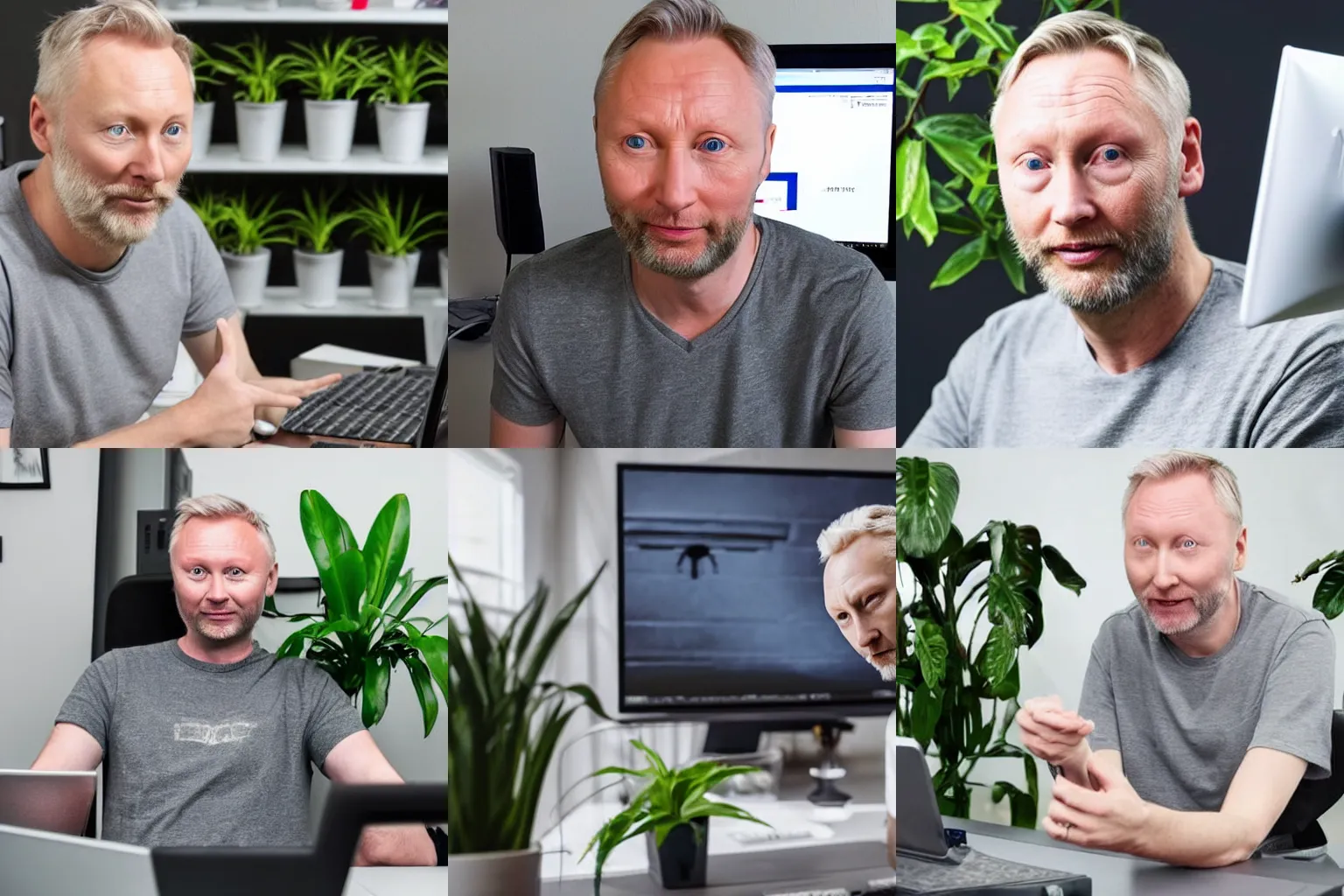 Prompt: a handsome white man with grey hair that looks exactly like limmy and lars mikkelsen wearing a grey tshirt playing pc games on a desktop pc in a grey room with house plants