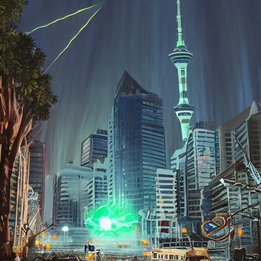 Prompt: photo realistic auckland city attacked by laser kiwi, artstation