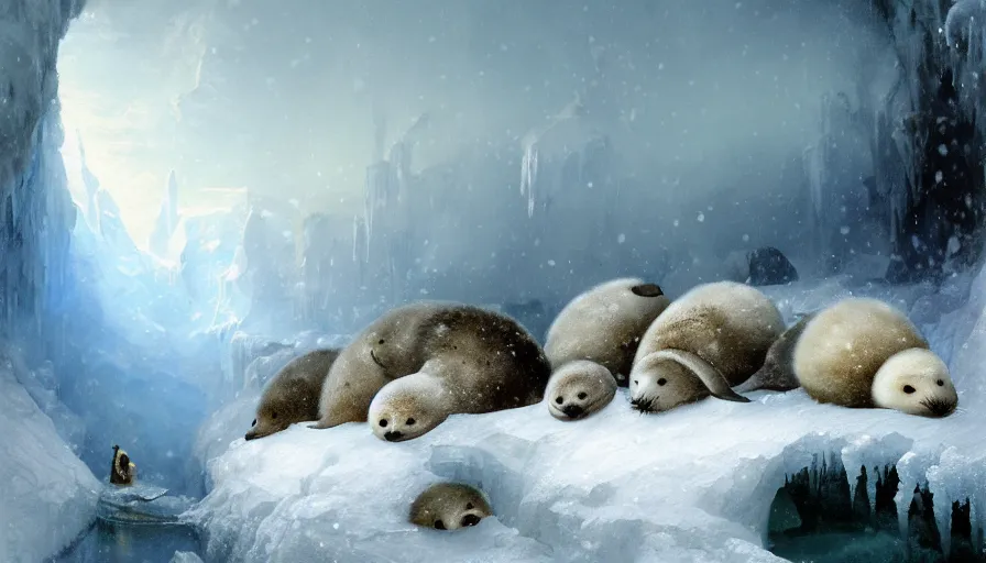 Image similar to highly detailed painting of cute furry white baby seals eating fish inside a snowy fantasy ice crystal cavern by william turner, by greg rutkowski, by william constable, thick brush strokes and visible paint layers, 4 k resolution