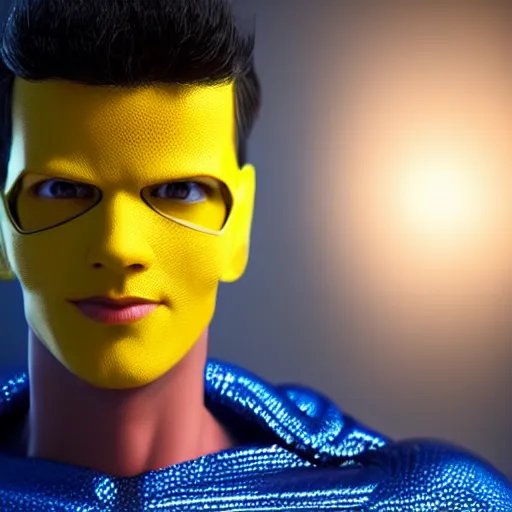 Image similar to still photo of yellow super - man, highly detailed, photorealistic portrait, bright studio setting, studio lighting, crisp quality and light reflections, unreal engine 5 quality render