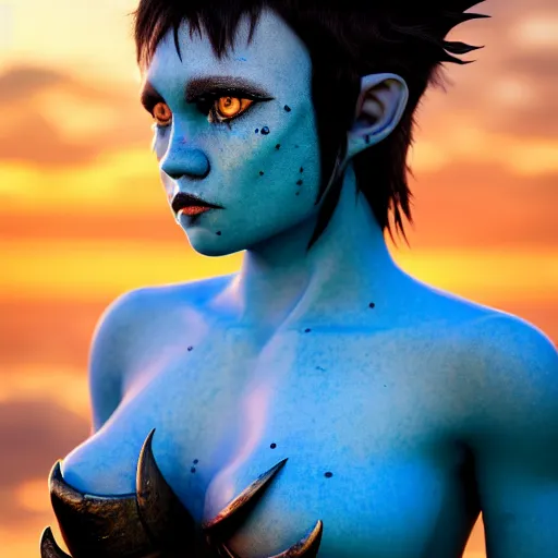 Image similar to a dnd Triton girl with blue skin and messy black hair, a little blue-skinned girl with messy black hair sharp pointed ears freckles along the ridges of her cheeks, dnd triton, high resolution film still, 4k, HDR colors