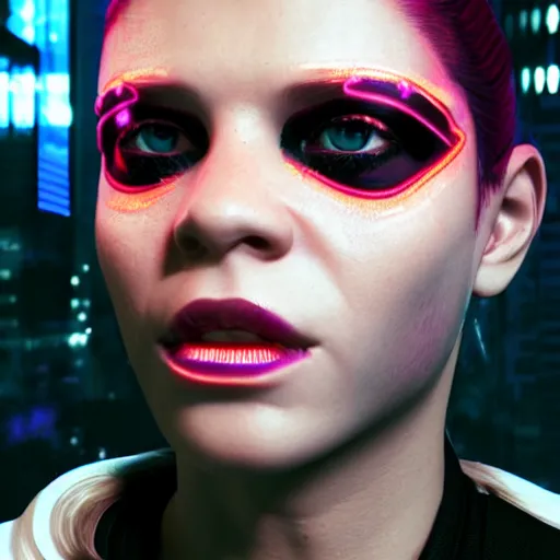 Image similar to Linda Hamilton, neon face tattoo, cyberpunk background, straight hairstyle, white eyes, blonde hair, realistic render, short hair, unreal engine render, Icaro Carvalho