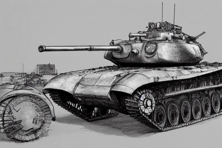 Prompt: vickers cruiser tank mk 1, cannon firing, artist's impression, black and white pen drawing, fine details, wartime art