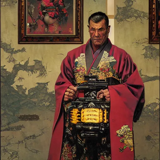 Prompt: the doomslayer wearing a kimono, portrait art by norman rockwell and donato giancola and greg rutkowski,